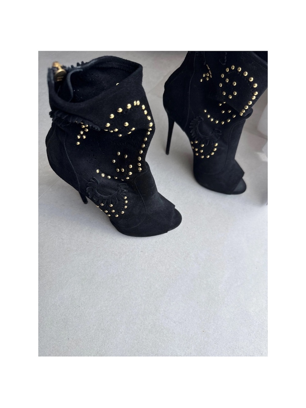 Giuseppe Zanotti Black Suede Studded Peep-Toe Stiletto Booties